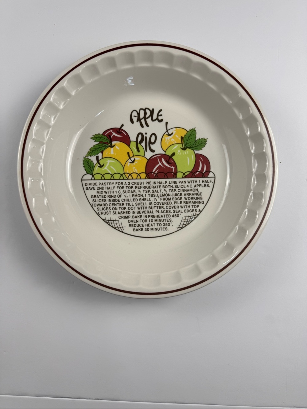 Vintage Apple Pie Ceramic Baking Dish in White with Red Trim